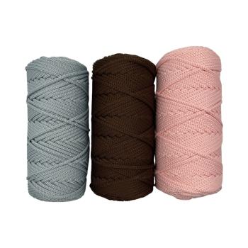 Набор из полиэфирных шнуров 3_522, 4 мм 100 м, 3 штуки (светло-розовый, шоколад, сизый)