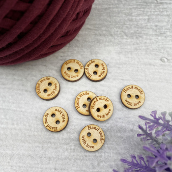 2721-3 Декоративная деревянная бирка-пуговица "Hand Made with love"  простая 15мм